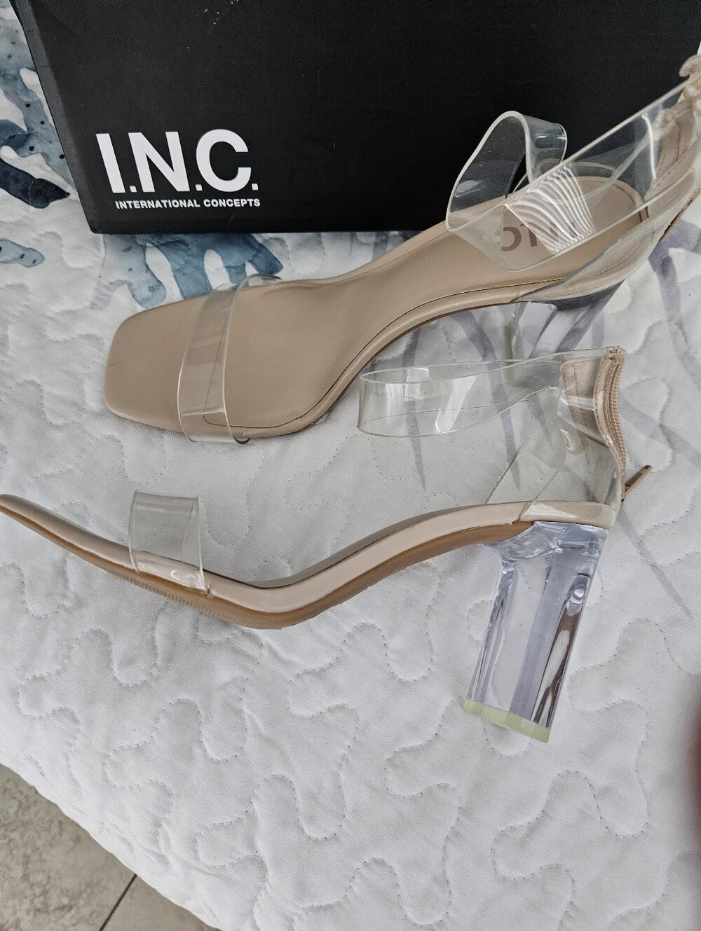 INC International Concepts Clear Strap Block Heels in Nude and Clear